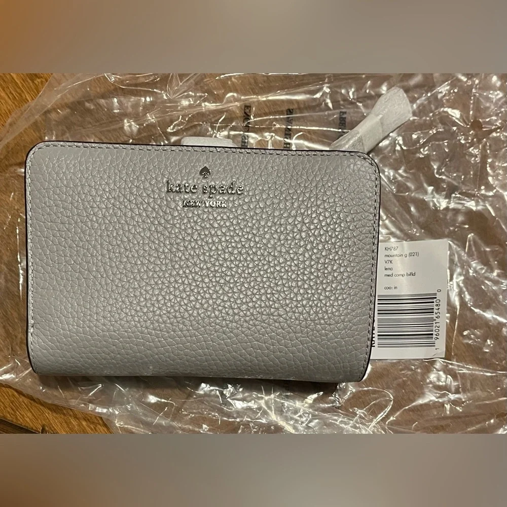 Kate Spade Lena Pebbled Leather Mountain Gray Medium Compact Wallet New With Tag